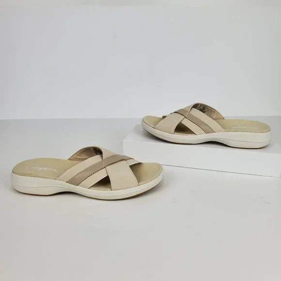Easy Spirit Squint Beige Tan Fabric Leather Upper Slip On Sandal Size 6 1/2M - Picture 1 of 14